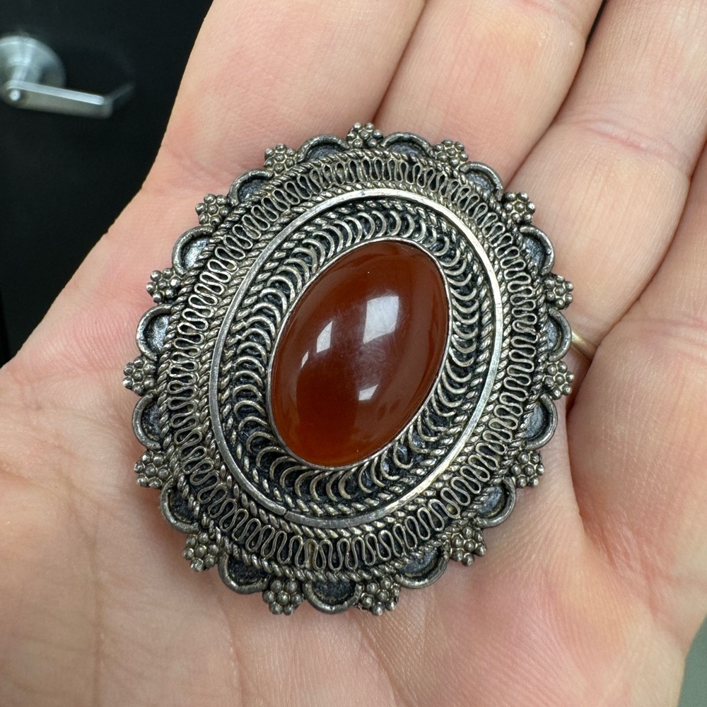 925 Sterling Silver and Carnelian Vintage Combination Pendant / Pin Brooch 13.8G